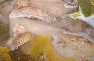 親鳥のスープ、煮干しを入れる